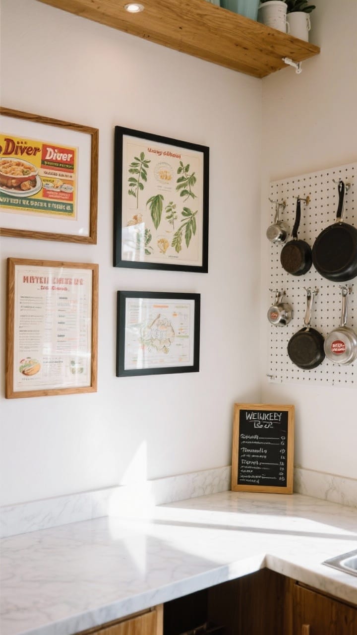 Medium wall vignette: A mini gallery wall over a counter featuring vintage-inspired food ads, botanical charts, and a diner menu print; frames mixed in wood and black for a collected look; a pegboard panel to the side neatly organizing pots and pans in a retro style; a small chalkboard with the weekly menu adds classic diner vibes; bright, indirect daylight reduces glare on glass.