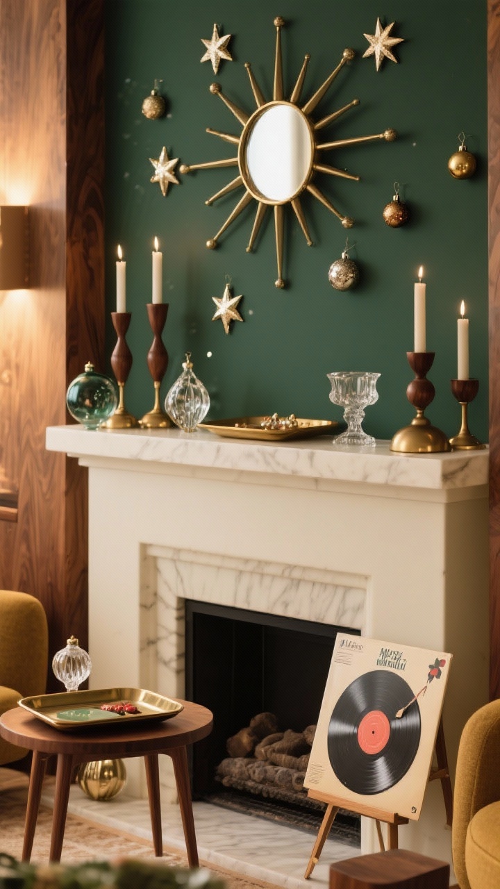 Medium-wide corner angle of a record-ready retro lounge mantel: starburst mirror above, scattered star ornaments, walnut candlesticks and a mid-century tray, a vintage holiday vinyl album jacket propped on a stand; palette is subdued—deep greens, brass, and cream—with sparkle from a few glass ornaments and cut crystal pieces; soft warm lighting reminiscent of a cozy lounge, subtle atomic-age geometry, no people, polished wood textures emphasized