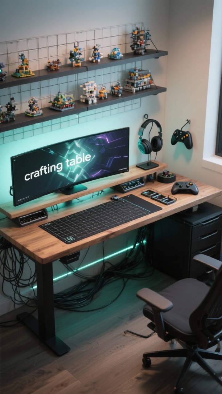 Medium workstation scene: a “crafting table” desk in wood and black metal with a square grid-pattern desk mat, pristine cable management with trays and clips, bias lighting glowing softly behind the monitor (glowstone vibe), a clean grid display shelf above showcasing small builds and collectibles, and headset hook plus controller dock on the side; tidy, ergonomic, modern; photorealistic, corner perspective.