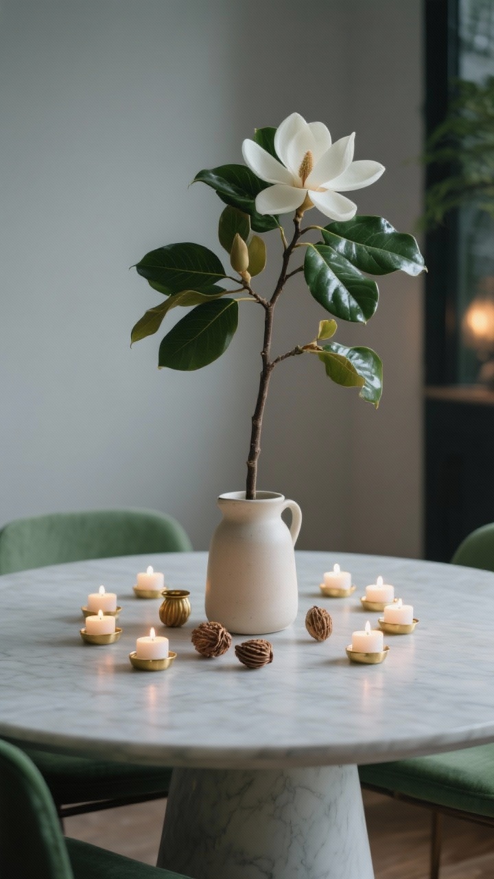 Minimalist natural centerpiece, medium shot: a single tall statement branch—magnolia with glossy leaves—arranged in a plain ceramic pitcher centered on the table; a ring of low tea lights surrounding it; palette limited to green and white with brass accents in a couple of small holders; a few dried seed pods for texture near the base; serene, calm mood with soft evening glow.