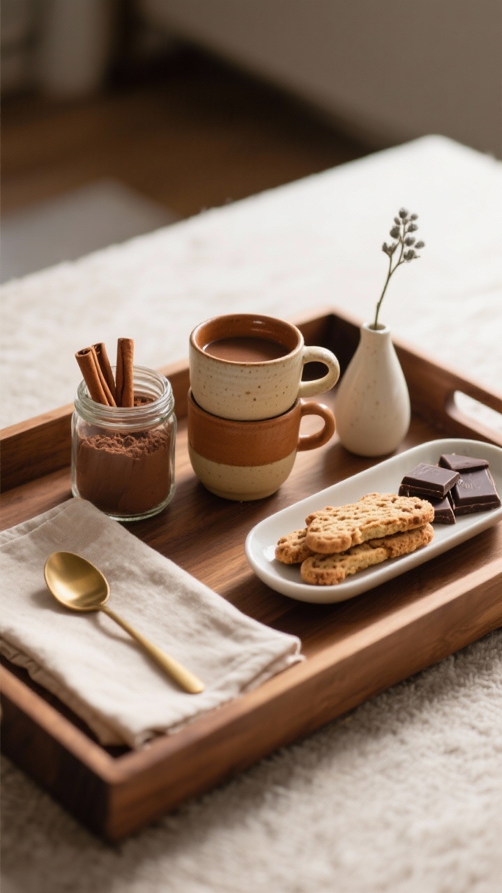Overhead closeup: a snack-ready hot drink zone arranged on a warm wood tray—small lidded jar filled with cocoa mix and cinnamon sticks, a stack of two hand-thrown ceramic mugs in caramel and cream, a narrow dish with biscotti and dark chocolate squares, a brass spoon resting on a folded linen napkin; a tiny bud vase with a single stem balances the setup; cozy winter lighting with gentle shadows.