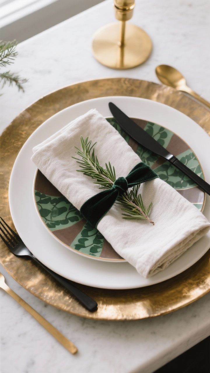 Overhead closeup: layered place setting showcasing depth and dimension—brushed brass charger, solid white matte ceramic dinner plate, patterned salad plate in forest green and taupe, topped with a neatly folded linen napkin and a small rosemary sprig tied with a thin velvet ribbon. Include black flatware for a modern holiday touch, and keep metal accents harmonized in brass/gold tones. Soft, diffuse window light accentuating edges and shadows.