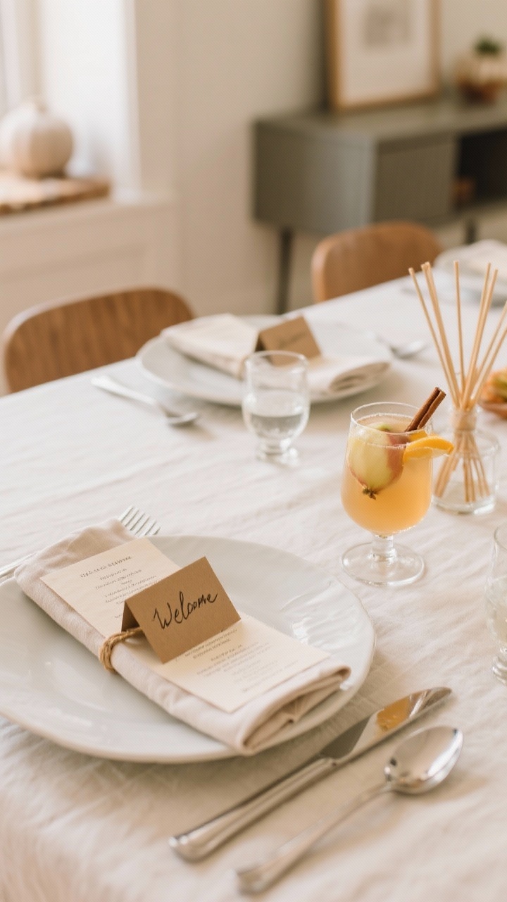 Overhead closeup of personal touches at each setting: handwritten kraft or vellum place card tucked into the napkin ring, a simple printed menu card on the plate, and a welcome sip—apple cider spritz with a cinnamon stick (or sparkling water with citrus twist) in clear glass; subtle seasonal scent via a reed diffuser visible on a nearby console; clean, modern styling with warm tones.