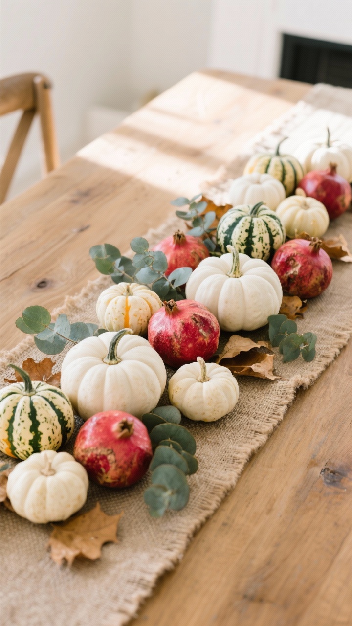 Overhead curated harvest arrangement: a tonal cluster of mini white pumpkins, striped green-and-cream gourds, and a few deep red pomegranates, tucked with sprigs of eucalyptus and scattered dried leaves; arranged in odd-number groupings along a burlap runner on a wood table, bright diffused daylight for crisp, photoreal color and texture.