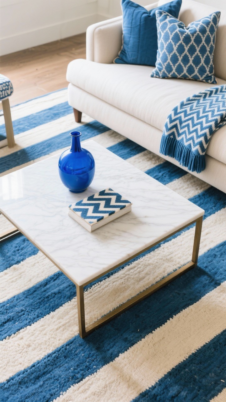 Overhead detail: A styled coffee table vignette atop a large-scale striped blue-and-cream rug, with medium-scale patterned blue throw pillows on the sofa edge peeking in, and a small-scale herringbone blue throw folded on the arm. Echo a cobalt blue accent in a small vase to repeat the color twice. Soft daylight, crisp focus on pattern scales and repetition.