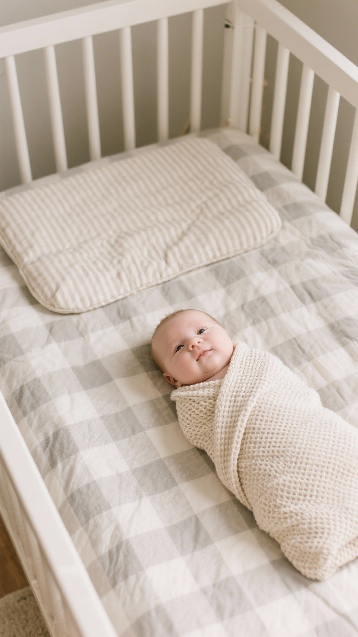 Overhead detail shot: A styled crib and changing pad ensemble showcasing quiet pattern play. Include a larger-scale neutral gingham crib sheet as the hero pattern, a pinstripe changing pad cover as the support act, and a waffle knit swaddle as texture-as-pattern. Keep the palette in soft beige, gray, and cream tones. Gentle daylight highlights the fabric weaves and pattern scales without harsh contrast.