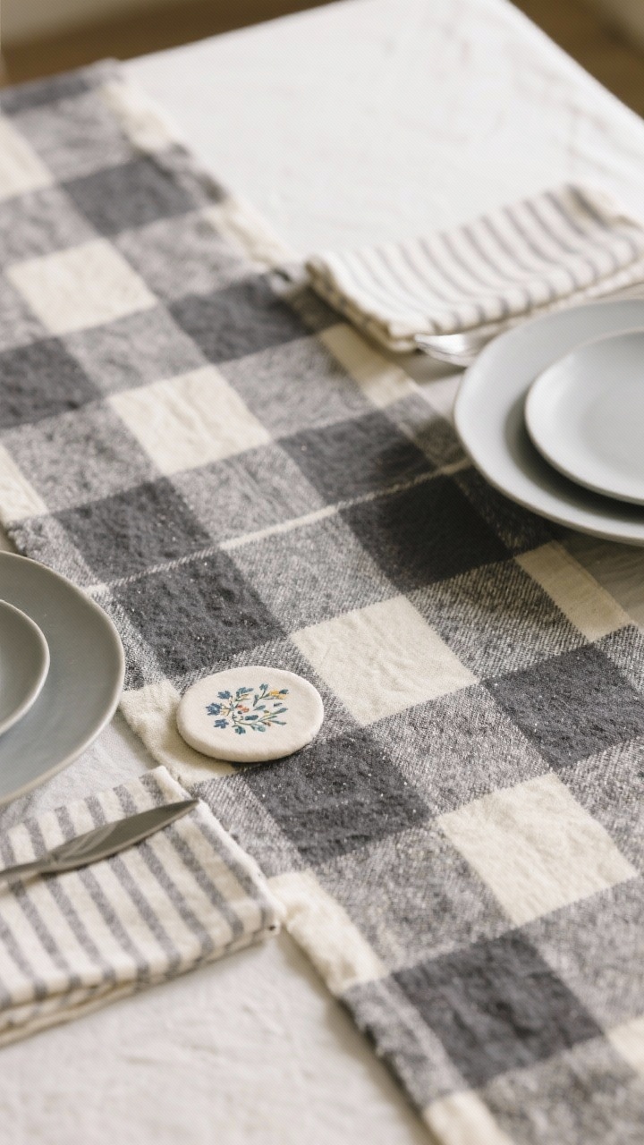 Overhead detail shot emphasizing calm winter patterns: a plaid runner in muted charcoal and cream, paired with linen napkins and solid plates; a quiet ticking stripe napkin or tiny floral coaster as a subtle second pattern; all in the same color family; clean composition with natural side light.
