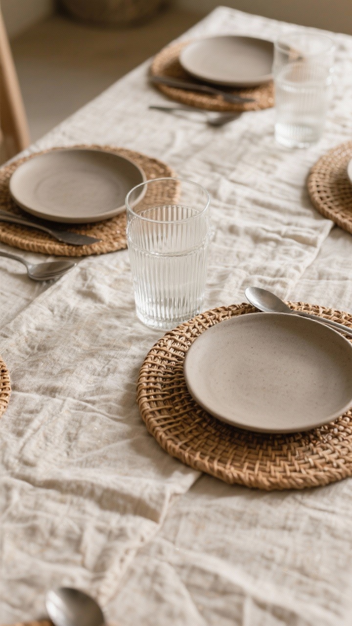 Overhead detail shot focusing on layered textures without clutter: wrinkled linen runner as foundation, round wooden chargers or rattan placemats, matte ceramic plates, ribbed glass tumblers, and brushed metal flatware; clear negative space between elements to keep surfaces breathable; warm, even daylight highlighting tactile contrasts.