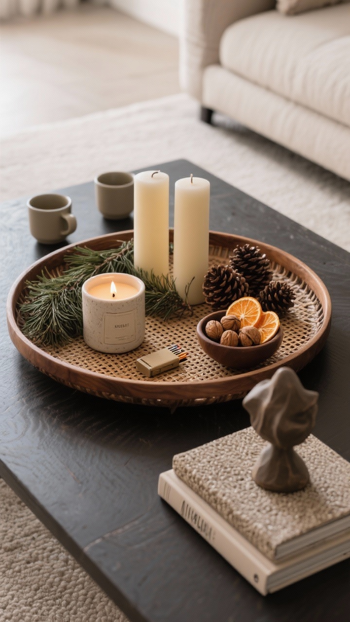 Overhead detail shot of a coffee table centerpiece: a large wood or rattan tray anchoring the composition; one scented candle and two unscented pillar candles, a ceramic match striker, cedar clippings, pinecones, and a small bowl of dried orange slices; a low bowl of walnuts and two textured art books stacked beneath a small sculptural object; low-profile styling with open space for mugs.