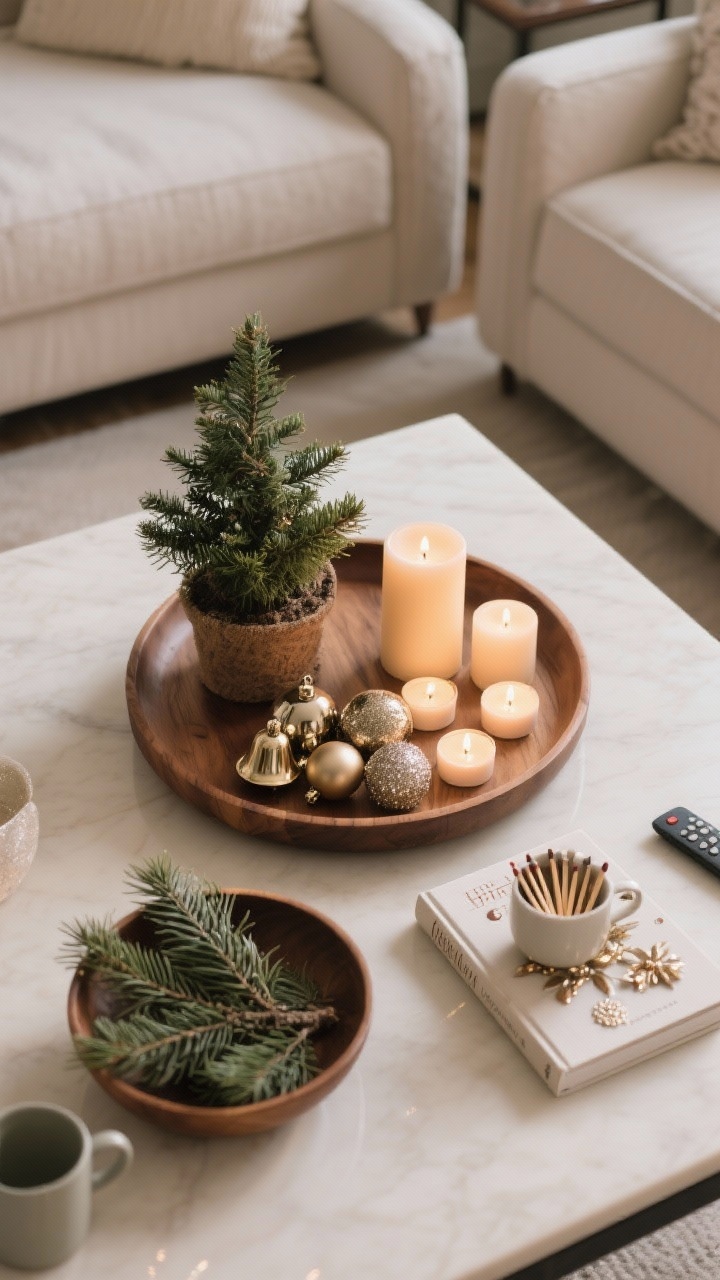 Overhead detail shot of a coffee table vignette: a round wooden tray as the anchor holding a mini potted evergreen, a scented pillar candle and several tea lights at staggered heights, and a small dish of vintage metallic ornaments and bells for sparkle. Include a bowl with fresh pine clippings near the tray and a seasonal hardback book with decorative matches. Leave clear space for mugs and remotes. Soft, cozy lighting with gentle reflections on the ornaments.
