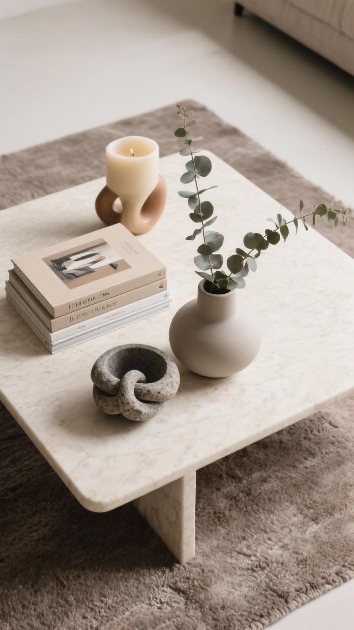 Overhead detail shot of a curated coffee table arrangement on a taupe wool rug: a small stack of neutral-covered art books, an organic stone bowl beside a matte ceramic knot, a low squat vase with eucalyptus stems, and one sculptural candle in soft vanilla/cedar tones. Colors are whisper-level neutrals—cream, oat, slate. Objects vary in height and texture, composition breathable and intentional.