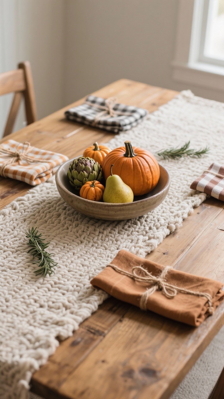 Overhead detail shot of a dining table styled for fall: a linen or chunky-weave runner centered on a wood table; a low bowl centerpiece with mini pumpkins, artichokes, and pears; cloth napkins in gingham and earthy solids tied with twine and a small rosemary sprig. Keep centerpiece low for sightlines; natural daylight from the side, emphasizing the textures of linen, produce, and wood grain.