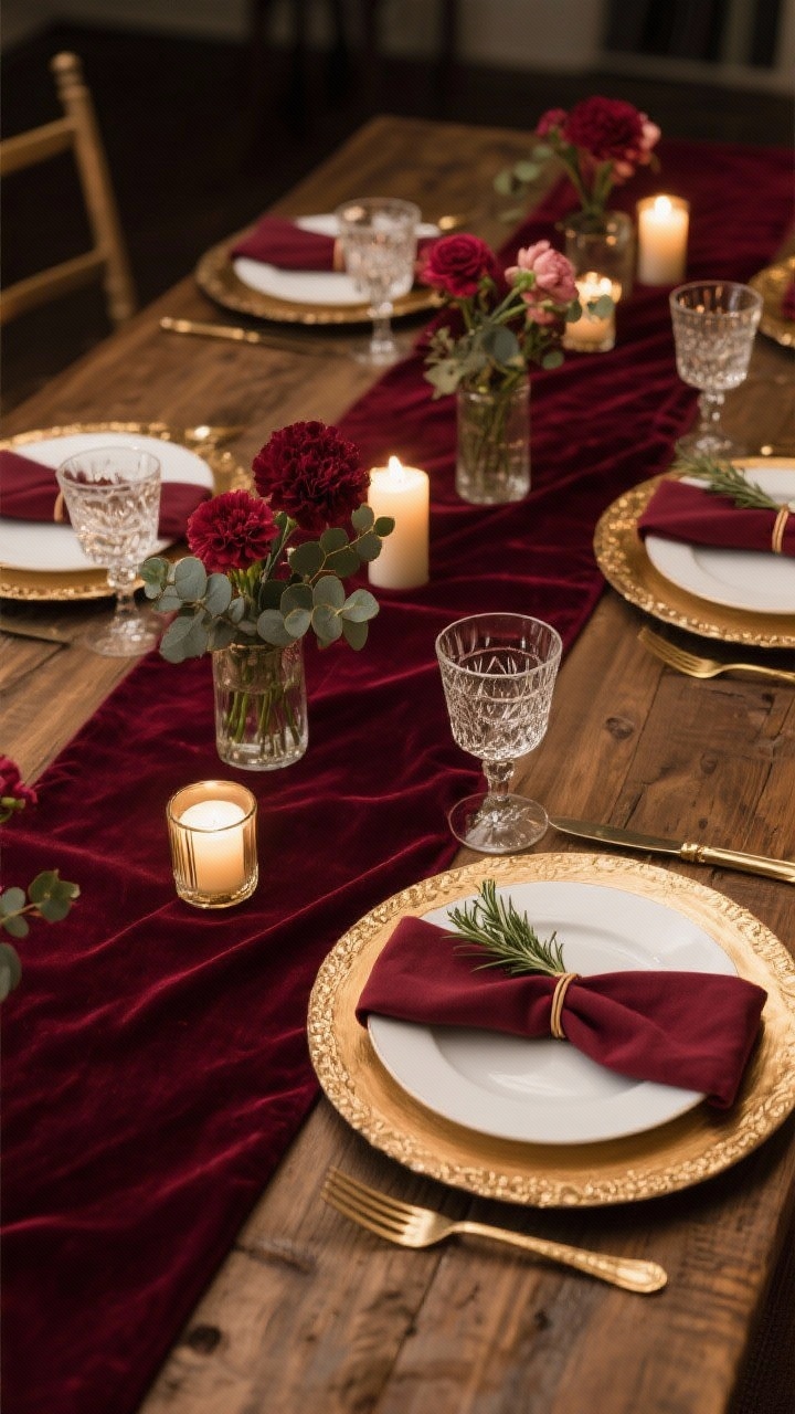 Overhead detail shot of a magazine-worthy dining tablescape: a deep burgundy velvet table runner centered on a wood table, layered with antique-gold chargers under white plates, crystal glassware catching candlelight; gold flatware; low clustered candles for a soft glow; linen napkins tied with thin burgundy ribbon and a sprig of rosemary; compact centerpieces of burgundy carnations, ranunculus, and eucalyptus in short vases; intimate evening ambience.
