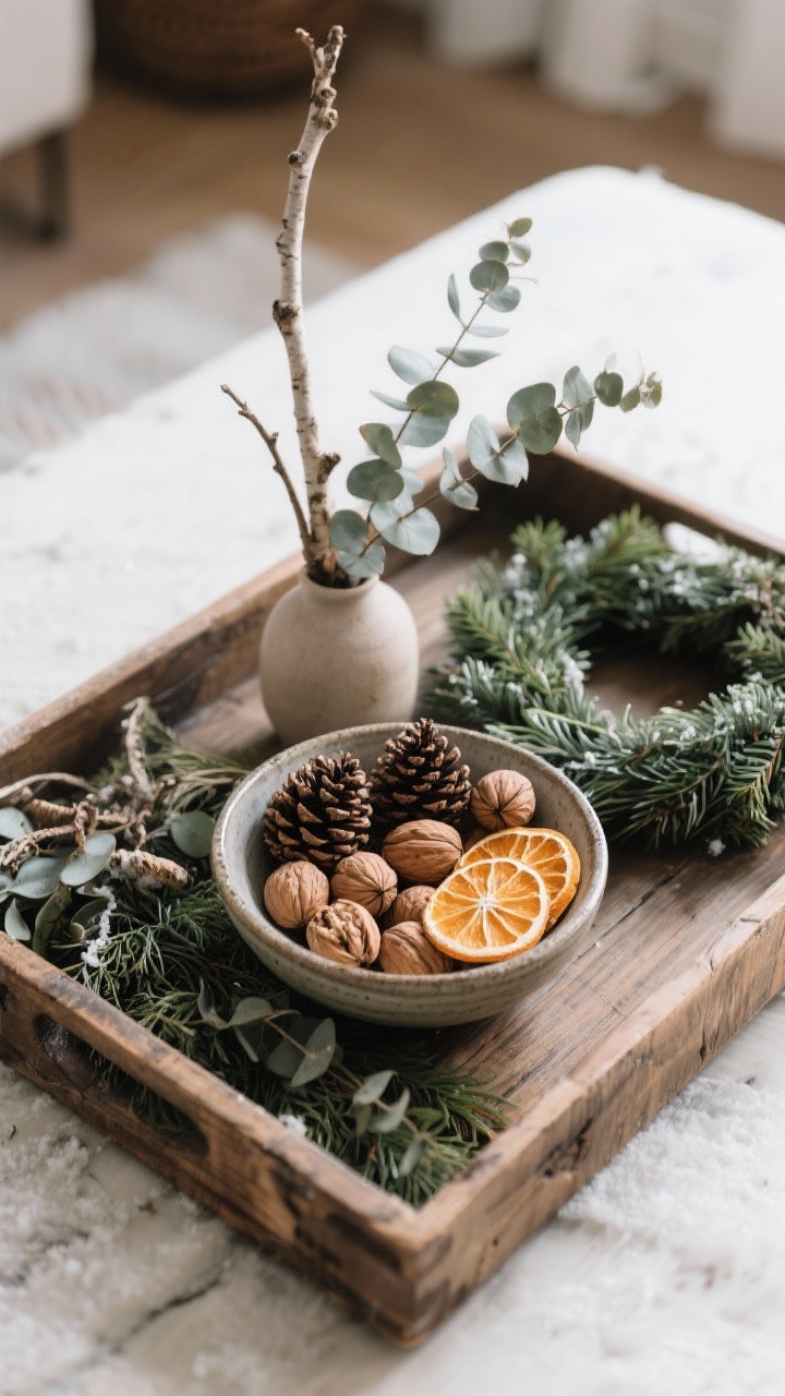 Overhead detail shot of a rustic wood tray styled with winter greens and foraged finds: a ceramic bowl filled with pinecones, walnuts, and dried orange slices; a small vase with bare birch and eucalyptus branches; a mini cedar wreath nearby. Natural, cool daylight accentuates organic textures while avoiding shiny plastic looks.