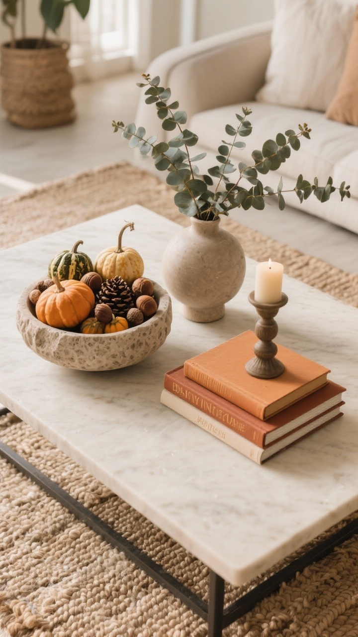 Overhead detail shot of a styled coffee table: two stacked books with warm-toned spines, a carved stone bowl filled with mixed mini gourds, pinecones, and acorns, a low vase of eucalyptus branches, and one statement candle; the center of the table mostly open for function; jute or wool rug texture visible beneath; natural, soft daylight.