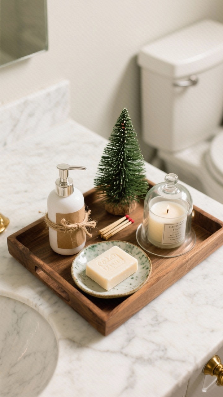 Overhead detail shot of a styled tray on a bathroom counter/back-of-toilet: a wood tray grounding the vignette with a seasonal bar soap on a ceramic dish, a pump soap with a DIY kraft paper label tied with twine, a small pine-scented candle under a glass cloche with a match striker, and a tiny bottlebrush tree adding height; marble surface, subtle holiday palette of cream, forest green, and brass accents, photorealistic with crisp textures.