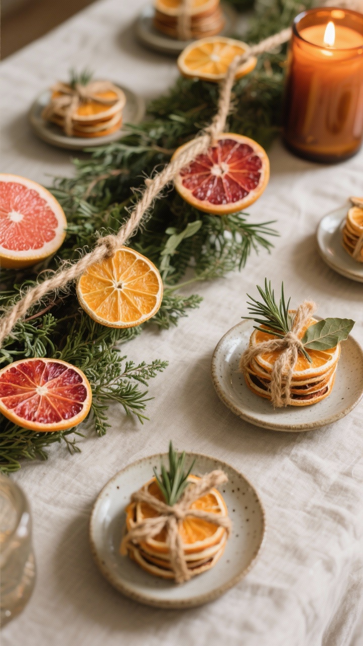 Overhead detail shot of dried citrus decor: 1/4-inch slices of oranges, blood oranges, and grapefruit threaded on jute twine and draped through greenery on a tabletop; small stacks of dried orange slices placed on ceramic plates, each tied with jute and a sprig of rosemary or bay leaves; warm amber candlelight reflecting through translucent citrus; vintage, nostalgic mood with natural textures.