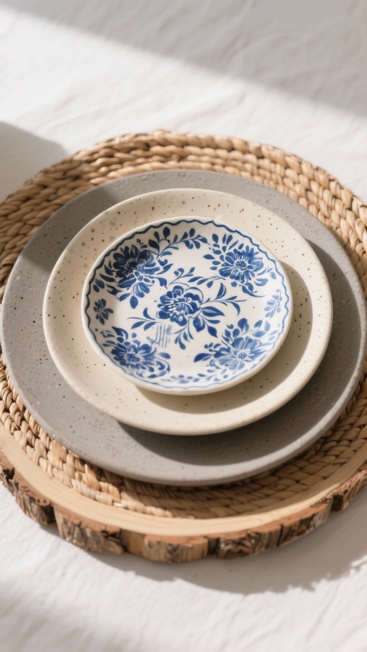 Overhead detail shot of layered plates at a single place setting: a round rattan or wood-slice charger as the base, a matte stoneware neutral dinner plate in cream or warm gray, topped with a blue patterned salad plate (floral or stripe or speckle). Mix of vintage blue-and-white pattern with modern plate shapes. Subtle shadows and highlights to emphasize depth and texture. Clean, styled look, photorealistic, no people.