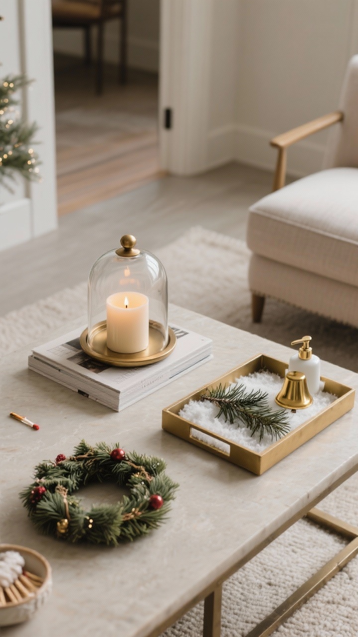 Overhead detail shot of low-clutter holiday swaps on a coffee table and entry tray: a matte brass match cloche, a softly glowing holiday candle, and a mini wreath on a coffee table book; nearby, an entry tray styled with a sprig of cedar, a single gold bell, and a winter hand soap bottle; breathable negative space with only two to three objects per vignette; neutral tones with brass accents; soft ambient lighting, no people, photorealistic