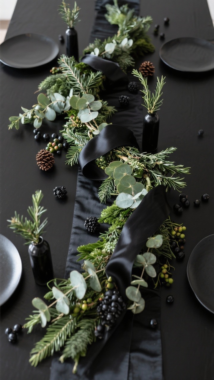 Overhead detail shot of lush greenery softening a black table: a low, asymmetrical garland of eucalyptus, cedar, and fir running along a black runner; tucked black satin ribbon, small pinecones, and scattered hypericum berries with a few faux black berries for tone-on-tone texture; minimal bud vases holding stems of juniper and rosemary spaced sparingly; keep arrangement low with visible plate space.