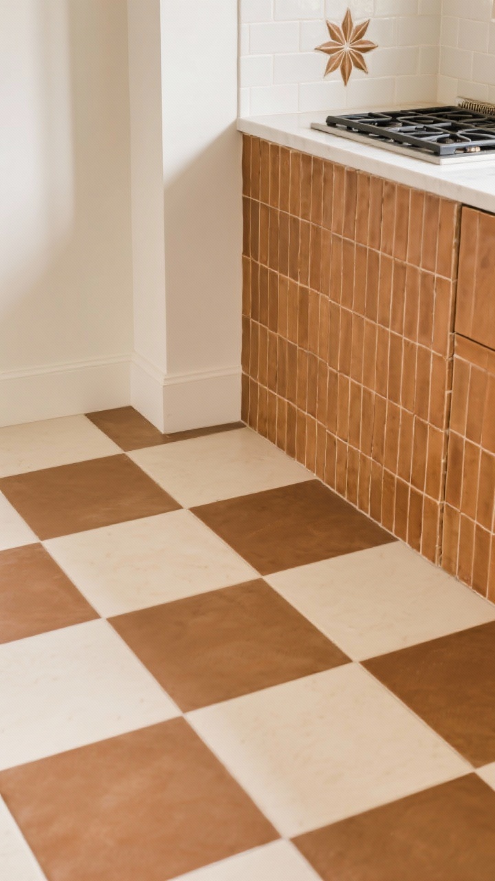 Overhead detail shot of patterned surfaces: cream-and-cocoa checkerboard floor tiles with a matte finish, nearby vertical stack-bond wall tiles in a warm caramel glaze creating a subtle linear rhythm, and a glimpse of a focal backsplash tile featuring a small starburst motif near the range; tight color story in warm neutrals, soft diffuse light to show texture, no people.
