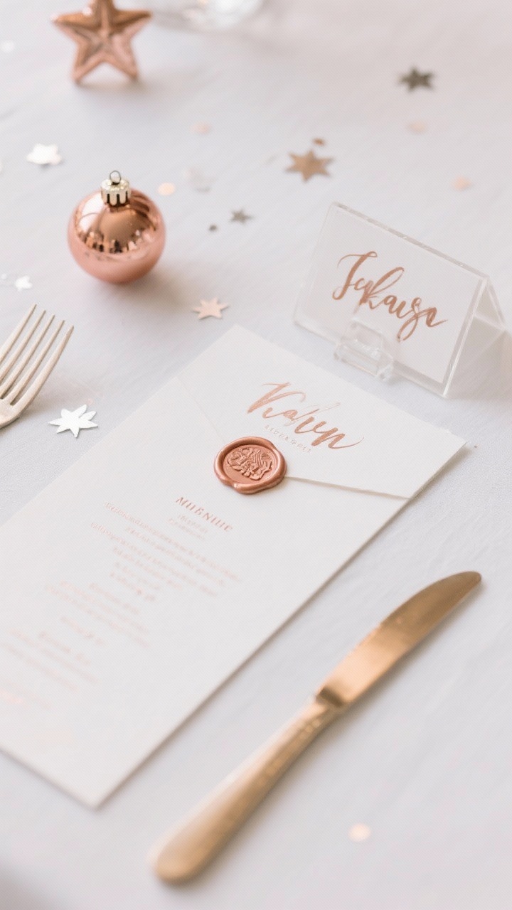 Overhead detail shot: Personalized place settings featuring mini rose gold ornaments labeled with guests’ names in paint pen, acrylic place cards hand-lettered in metallic ink, and a slim vertical menu card sealed with a rose gold wax stamp. Light scattering of star motifs—star-shaped ornament, minimal star confetti, and a small star stamped on the menu—for cohesive, modern charm. Clean, uncluttered composition.