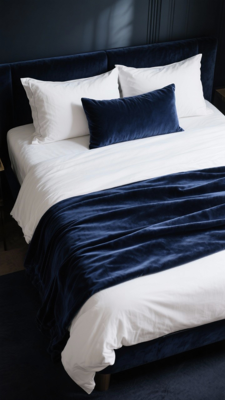 Overhead detail view: Statement bedding ensemble on a dark bedroom bed—crisp white base sheets for contrast against deep walls, a solid linen duvet in a tonal midnight blue, a folded velvet coverlet at the foot, pillow stack with two euro shams, two standards, and one long lumbar; restrained patterns, luxe tactile layers with a single hero texture (velvet) taking center stage; soft morning light, photorealistic.