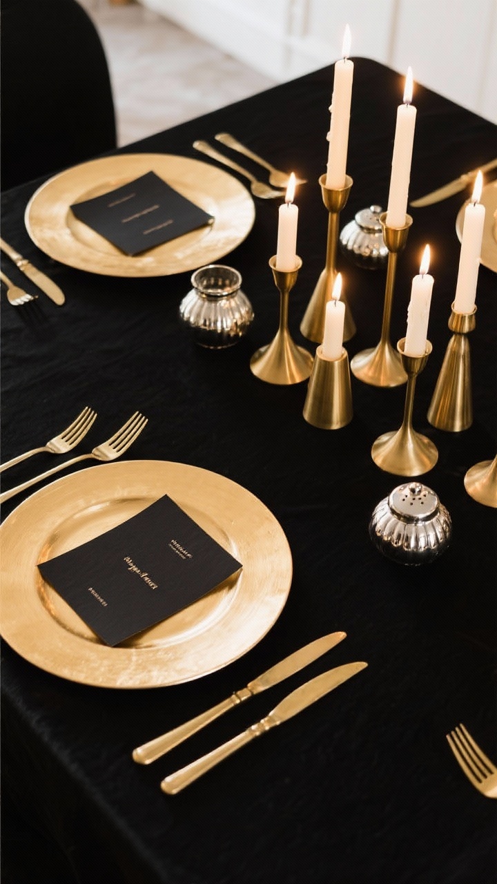 Overhead medium shot of a black table setting that mixes metals: matte black base with gold and brass flatware on one side and a cluster of brass candleholders in varied heights; metallic charger plates with simple black place cards featuring subtle foil edges; cool silver salt cellar to hint at mixed metals but keep total to two dominant tones; candlelight glinting off the metals for festive shine; no other decor elements competing.