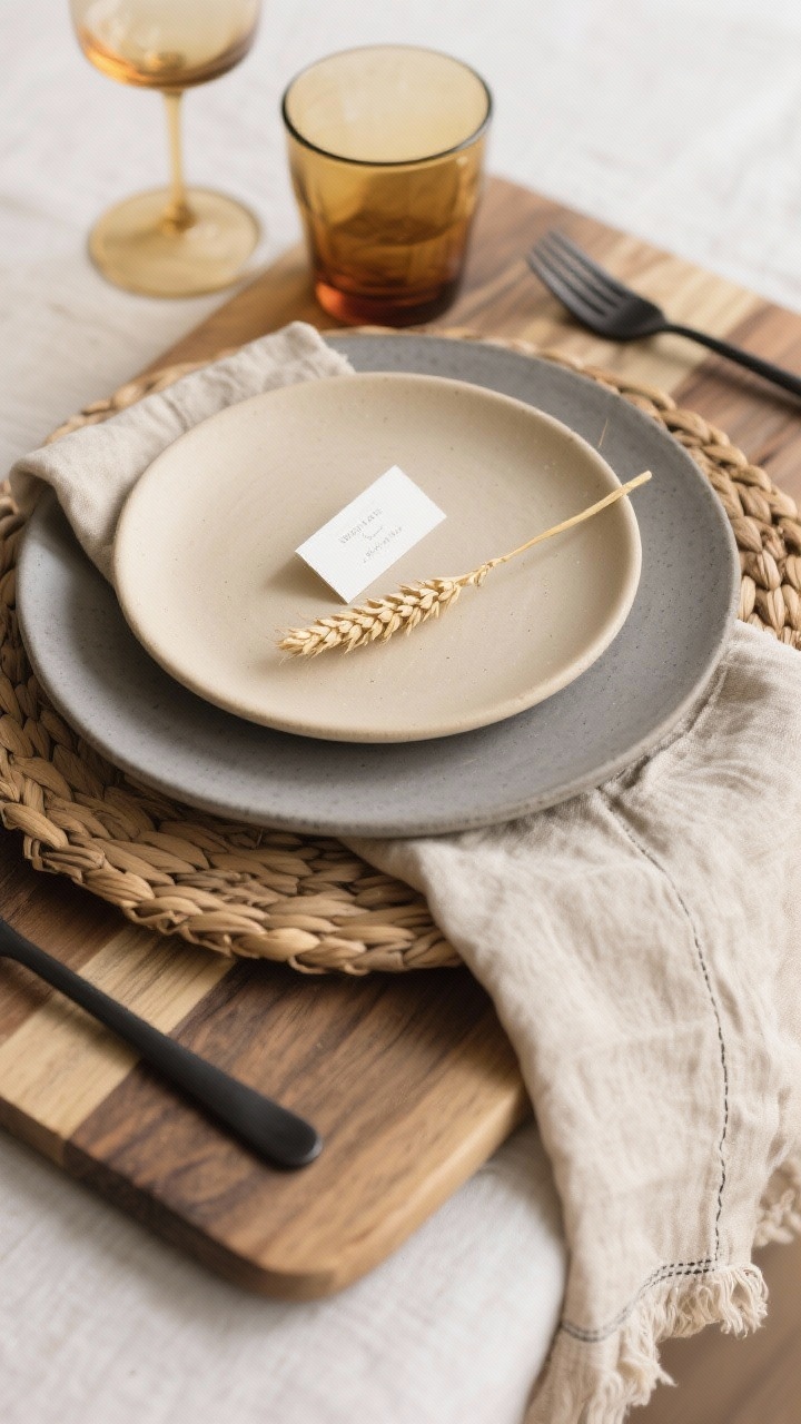 Overhead place-setting closeup — Subtle layered setting: a woven charger or slim wood board base, topped with a bone-colored matte stoneware dinner plate and a stone-gray salad plate. Flax/oatmeal linen napkin casually knotted and tucked under the salad plate. Brushed gold or matte black flatware for contrast. Clear or smoky/amber glassware with clean shapes. Add a mini place card and a single stem of dried wheat on the plate. Soft, even lighting to emphasize layering.