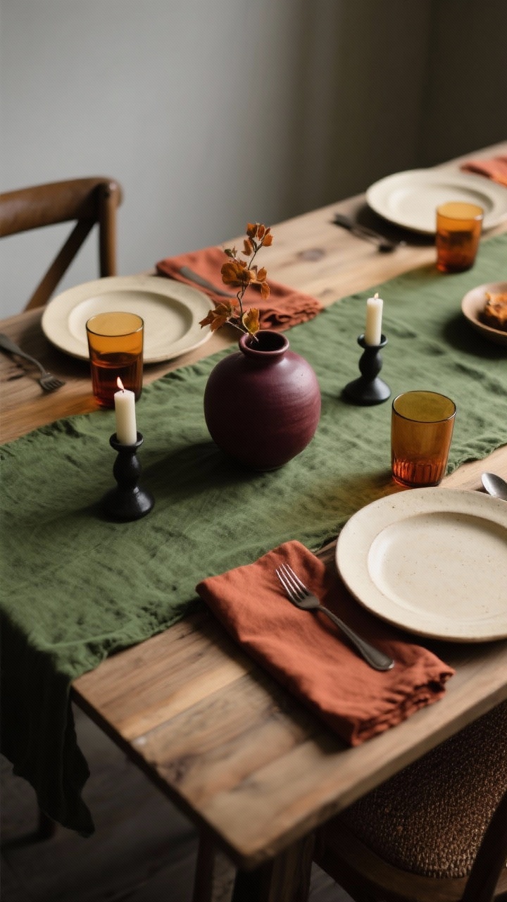 Overhead shot emphasizing an earthy fall color palette: moss green table runner on a wood table, rust linen napkins casually folded atop cream stoneware plates, ochre-toned glass tumblers, and a merlot-colored ceramic bud vase; small charcoal accents in flatware and candle holders ground the scene, cohesive repetition of moss, rust, and cream, soft indirect light for a moody minimal vibe.