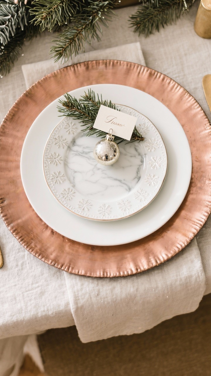 Overhead shot: Layered place setting built for depth—statement charger in brushed rose gold or antique brass, topped with a crisp white dinner plate and a textured salad plate with subtle snowflake embossing or a soft marble swirl. Finish with a mini ornament or a name card clipped to a sprig of cedar at the top of the plate. Neutral linens underneath; warm, modern holiday tone with clean styling.