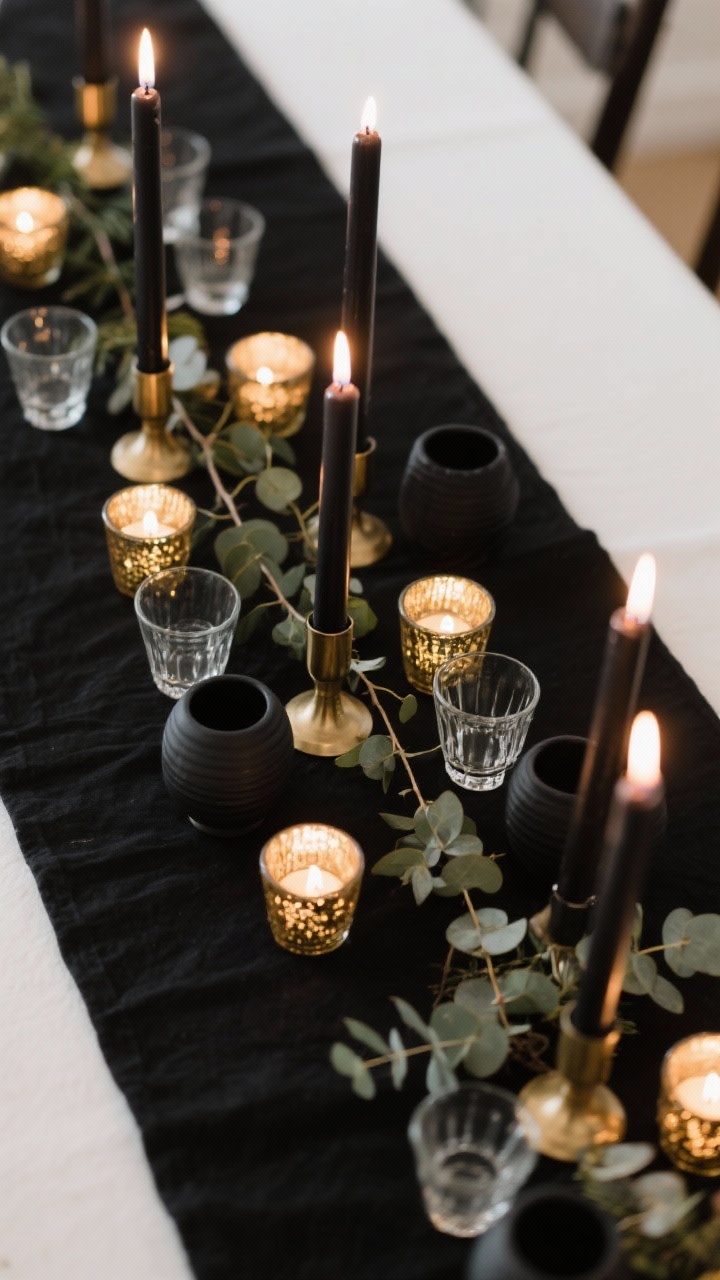 Overhead shot of a low, layered candlelit centerpiece on a black runner: stagger black taper candles in brushed gold holders, interspersed with short clear glass votives. Add small gold mercury glass and matte black ceramic vessels for contrast. Weave a thin garland of eucalyptus/evergreen between candles, kept low and airy to avoid blocking conversation. Warm candlelight glow, soft shadows, intimate holiday mood. Photorealistic, no people.