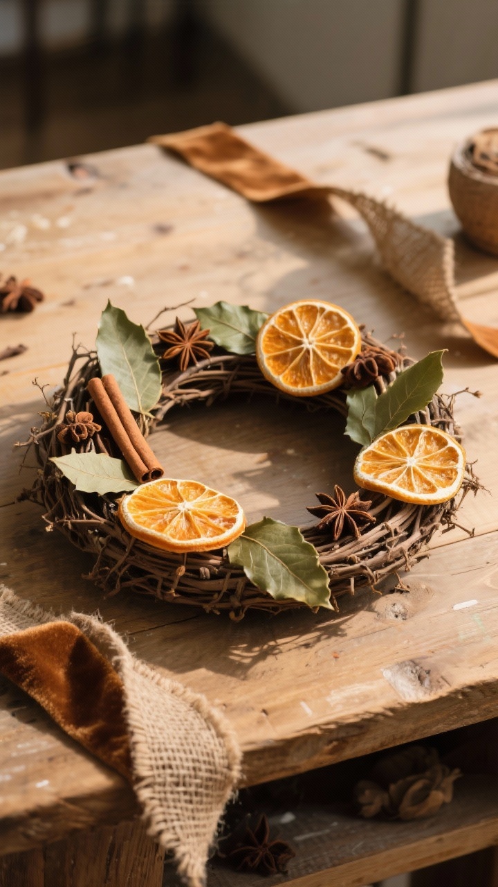 Overhead shot of a rustic grapevine wreath on a wooden worktable, meticulously adorned with dried orange slices, bay leaves, cinnamon sticks, and star anise; warm palette of amber, olive, and soft brown with a jute or velvet ribbon nearby; natural afternoon light casting gentle shadows; high-detail citrus translucency and spice textures.