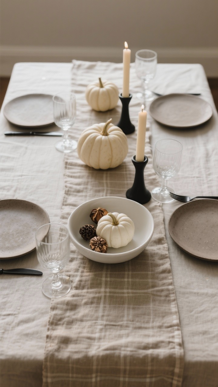 Overhead tablescape shot: A soft, sculptural fall dining setup—natural linen runner in flax/mushroom, low white-ceramic bowl centered with mini white pumpkins and foraged seed pods, two tall tapers in matte black holders placed asymmetrically, stoneware plates in warm gray, linen napkins in bone, and black flatware for contrast; smoke or clear glassware with clean lines; grouped elements in threes with ample breathing room; neutral palette only; gentle evening light for warmth, no plaid or bright gourds; overhead perspective to emphasize composition and negative space.