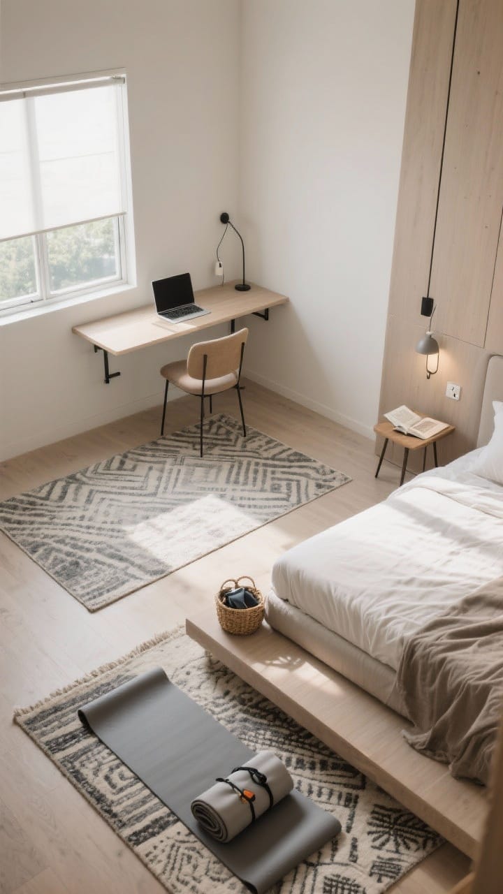 Overhead view of a multipurpose bedroom clearly zoned: a wall-mounted desk and slender chair near the window for the work zone, a compact armchair with a plug-in sconce and tiny side table for the reading zone, and a folded yoga mat partially tucked under the bed with a small basket for gear as the wellness zone; rugs and a slim room divider visually define areas; calm neutrals with a subtle patterned rug, daylight, photorealistic.