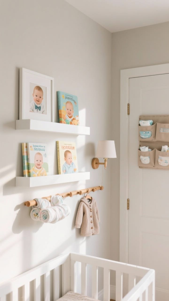 Photorealistic angled wall view focusing on vertical storage: white floating picture ledges displaying face-forward baby books as art, a wood peg rail holding rolled swaddles and a tiny cardigan, and a wall-mounted sconce in place of a floor lamp; an over-door organizer visible on a nearby door with diapers and wipes; items mounted into studs; light neutral walls, natural afternoon light, no heavy objects within crib reach