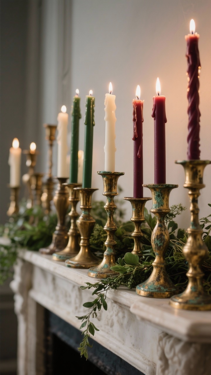 Photorealistic closeup detail of a collected array of vintage brass candlesticks with patina, clustered in threes and partially tucked into greenery on a mantel; an assortment of ivory, forest green, and deep burgundy tapers, some gently dripping for romance; soft candlelit glow reflecting off warm brass tones; intimate, moody lighting, no people