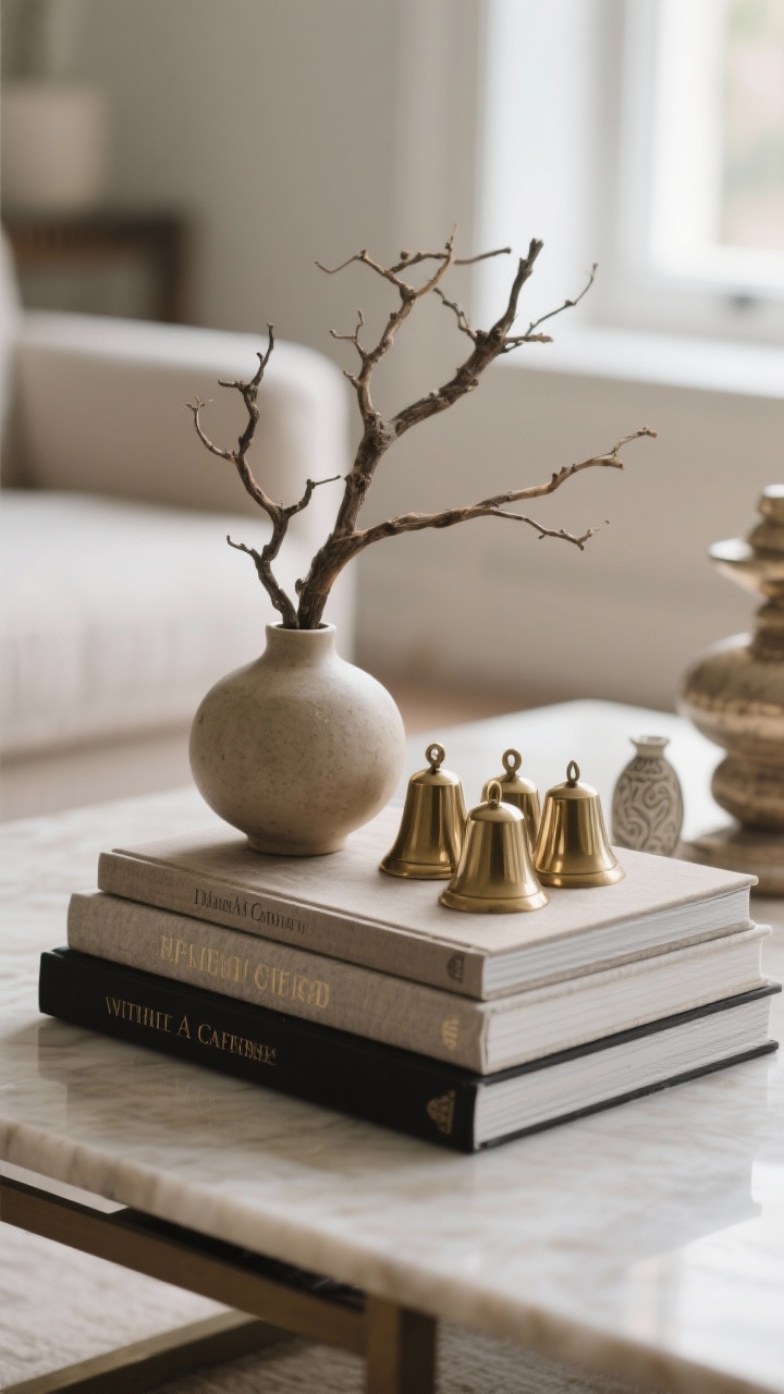 Photorealistic closeup detail of a curated vignette centerpiece: two or three stacked coffee table books with dust jackets removed for a tonal, textured look; on top, a small vase holding a sculptural foraged branch; a cluster of brass bells and a couple of restrained ornaments alongside; tones echo neutral place settings in the blurred background; soft window light, shallow depth of field, slight corner angle.