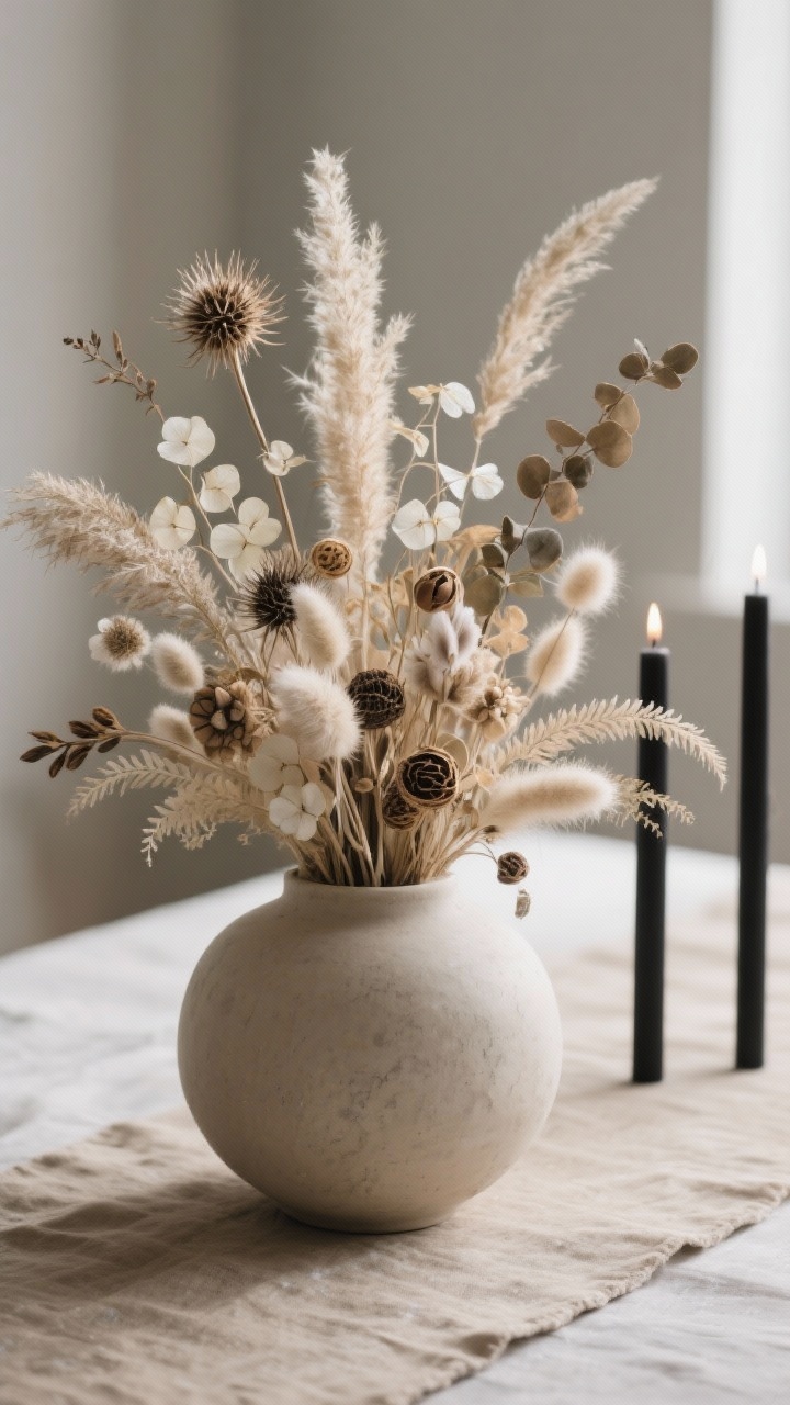 Photorealistic closeup detail of a low, wide vase filled with dried winter florals: pampas grass, lunaria, dried thistle, preserved ruscus, bunny tails, bleached fern, and seed pods arranged asymmetrically with airy height; set atop an oatmeal or stone-colored linen runner; mood elevated by two sleek black taper candles nearby for contrast; soft side lighting to accentuate textures and translucency.
