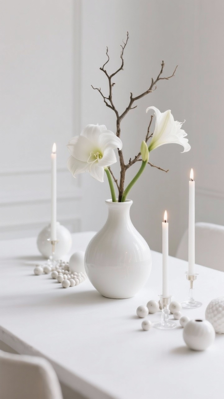 Photorealistic closeup detail of a minimalist white-on-white centerpiece: a single white ceramic vase holding sculptural bare branches or white amaryllis; matte white ornaments and ceramic beads scattered along a pristine white surface; slim white tapers in simple holders emitting soft, warm light; materials restricted to ceramic, glass, and paper, with clean shadows and a quiet luxury mood; straight-on, shallow depth of field.