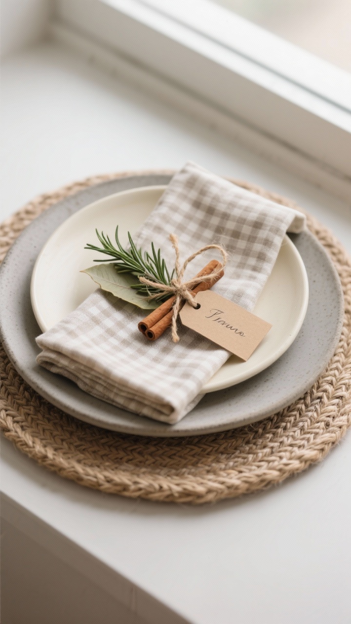 Photorealistic closeup detail of a plate stack: woven charger, neutral stoneware dinner plate in cream, smaller greige salad plate, and a linen napkin layered between; napkin tied with twine holding a sprig of rosemary and a cinnamon stick; a small kraft paper name tag clipped to a leaf; subtle plaid pattern visible on the napkin; soft window light highlighting the textures, shallow depth of field, overhead angle