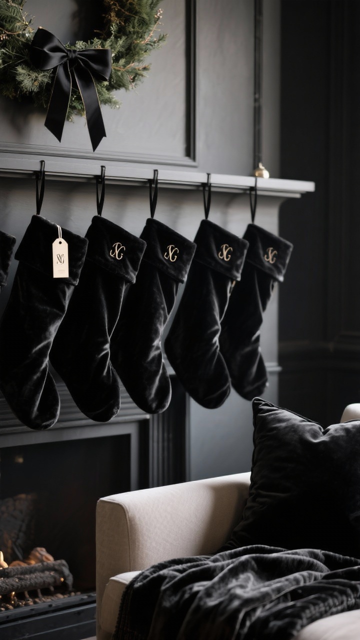 Photorealistic closeup detail of black velvet holiday elements: a row of plush black velvet stockings with monogrammed tags hanging from a dark mantel, black velvet ribbon tied on a wreath edge in frame, and a corner of a sofa showing a black velvet pillow and folded velvet throw; lighting that softly absorbs and diffuses, highlighting the nap and richness of the fabric; intimate, cozy mood; no people