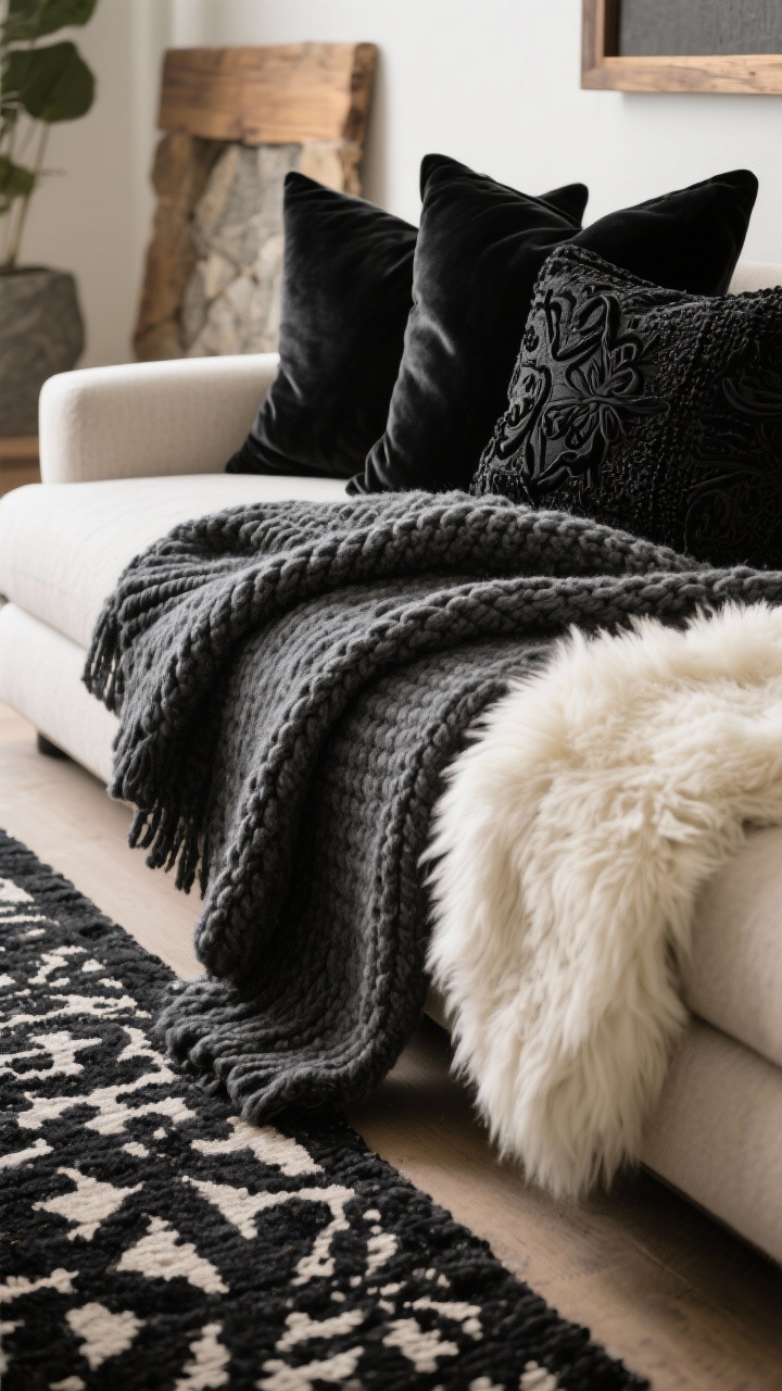 Photorealistic closeup detail of cozy texture mix on a sofa: black faux fur throw, chunky knit charcoal blanket, deep gray wool blend, pillows in black velvet and bouclé with black-on-black embroidery; a corner of a layered rug showing a black patterned rug over a neutral base; a touch of natural wood and stone in-frame; one contrasting ivory shearling element to lift the palette; warm, inviting light; no people
