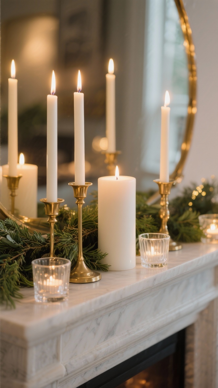Photorealistic closeup detail of layered candlelight on a mantel: chunky white pillar candles, slender ivory tapers in warm brass and clear glass holders, and petite glass votives tucked into greenery. Vary heights and cluster in threes. Warm white glow only (no scent cues), with a few safe LED candles near the garland. Background softly blurred, golden reflections on brass, intimate evening ambiance.