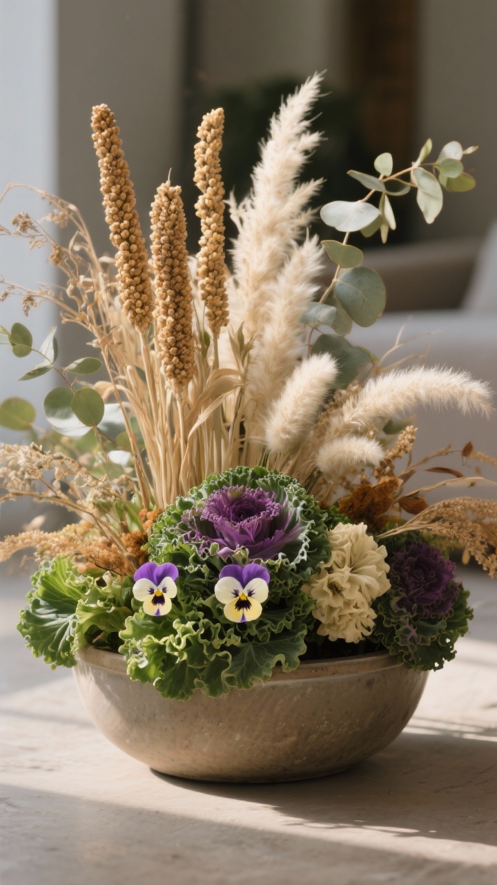 Photorealistic closeup detail of mixed live and dried elements in a fall planter: base of ruffled ornamental kale and purple-and-cream pansies, vertical spikes of millet and dried sorghum, airy pampas and bunny tail grass plumes in the back, eucalyptus tucked around the rim; natural side lighting with gentle shadows emphasizing texture and the contrast between fresh greens and papery dried stems