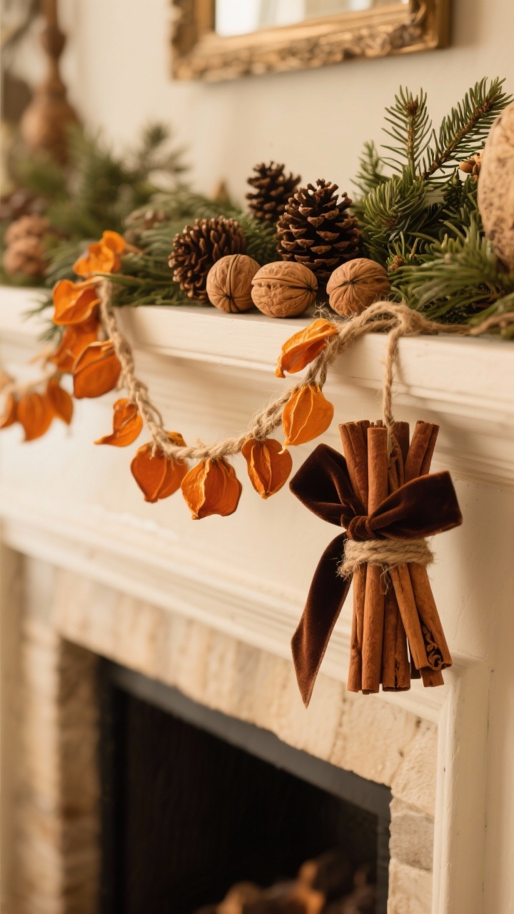 Photorealistic closeup detail of natural, old-fashioned elements on a mantel: a swag of dried orange garland threaded with twine hanging just beneath the shelf; bundles of cinnamon sticks tied with velvet ribbon tucked into greenery; scattered walnuts and pinecones adding rustic texture; warm, fragrant mood suggested by visuals; soft golden light, no people