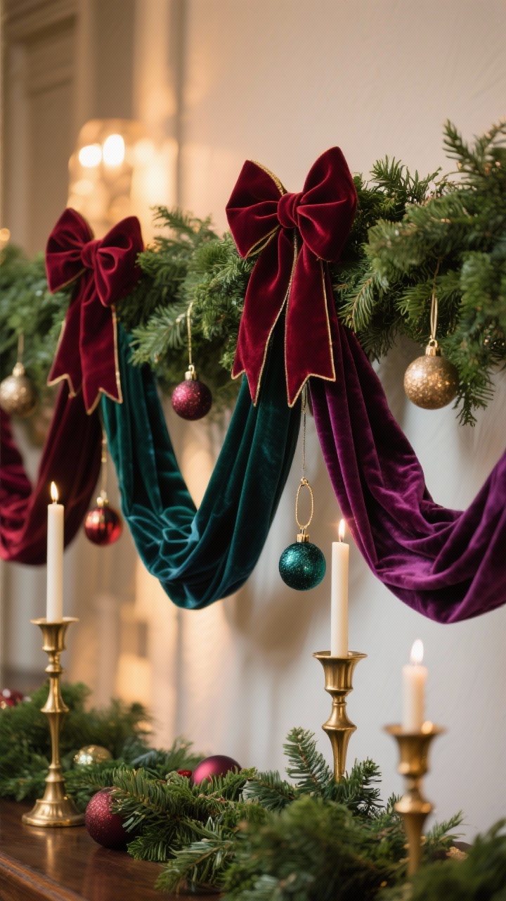 Photorealistic closeup detail of velvet trimmings: long, oversized velvet bows in rich burgundy, forest green, navy, and plum tied at each garland swoop, with dramatically trailing tails. A few ornaments hang from velvet ribbon loops instead of hooks, and tiny narrow velvet ties encircle the bases of brass candlesticks. Focus on the plush velvet nap, light catching the pile, and the interplay of jewel tones against deep green foliage. Warm indoor lighting, no people, elegant yet festive mood.