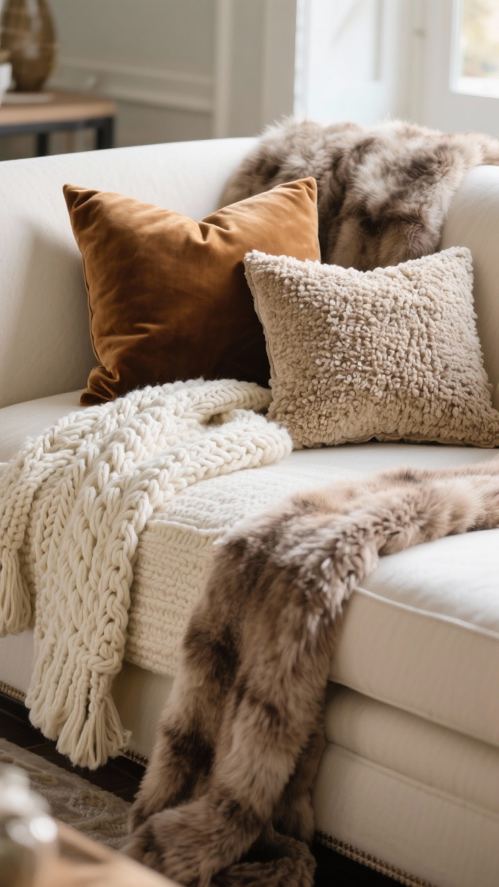 Photorealistic closeup detail shot: a layered sofa corner showcasing plush winter textures—chunky cream cable-knit throw draped over the arm, a taupe faux fur blanket pooled softly, velvet pillows in camel and chocolate, and a boucle lumbar pillow; tonal palette of cream, taupe, camel, and chocolate; soft, diffused afternoon light emphasizing fabric weaves and pile; shallow depth of field to highlight texture variety; no people, cozy upscale living room vibe.