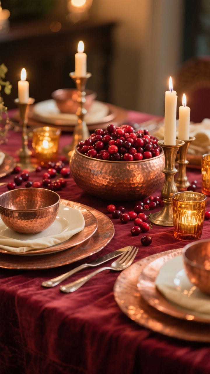 Photorealistic closeup detail shot capturing the warmth of cranberry and copper: a cranberry linen tablecloth with cream plates layered on copper chargers, patinated copper flatware, copper candleholders, hammered copper bowls, and amber glass votives casting soft golden light; a scattering of fresh cranberries around a low centerpiece for texture; warm, glowing ambiance, old-world glam without flashiness, bokeh candlelight, no people