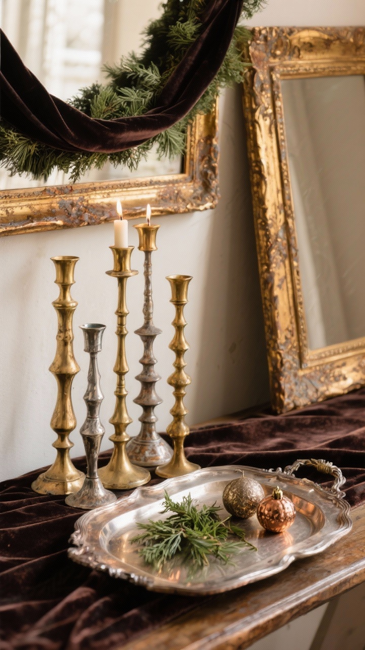 Photorealistic closeup detail shot from a corner angle focusing on mixed metals with patina: a cluster of antique brass candlesticks in varied heights forming a skyline, an aged silver tray used as a stage holding a few greenery snippets and a couple of ornaments, and a gilded vintage frame leaning behind the garland as backdrop. Include visible tarnish and warm patina, anchored by a strip of dark velvet ribbon to prevent over-shine. Soft warm lighting, shallow depth of field highlighting textures of brass, silver, copper accents, and matte velvet.